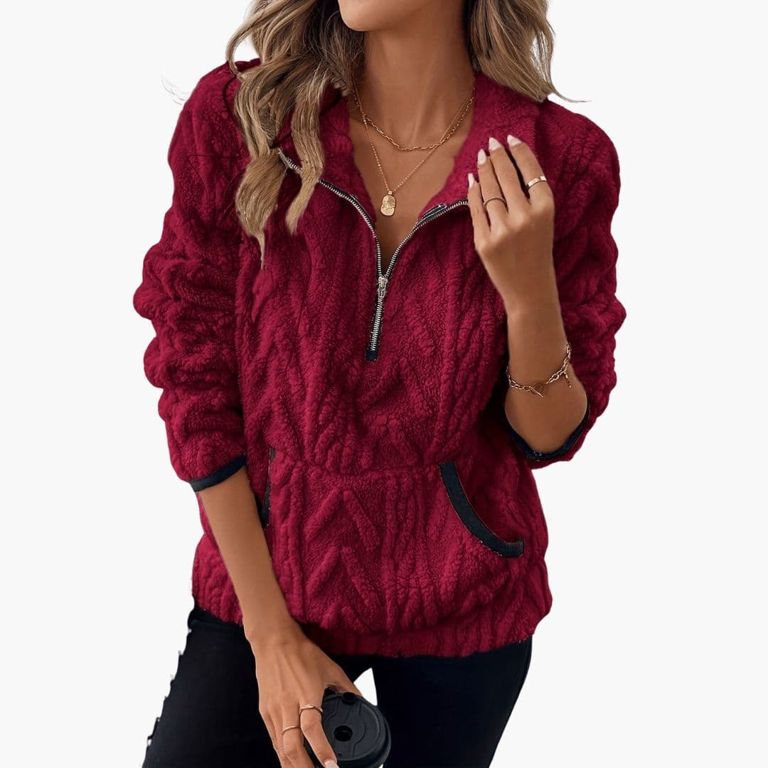 Women's textured chevron fleece pullover half-zip stand-up collar with side pockets active layer