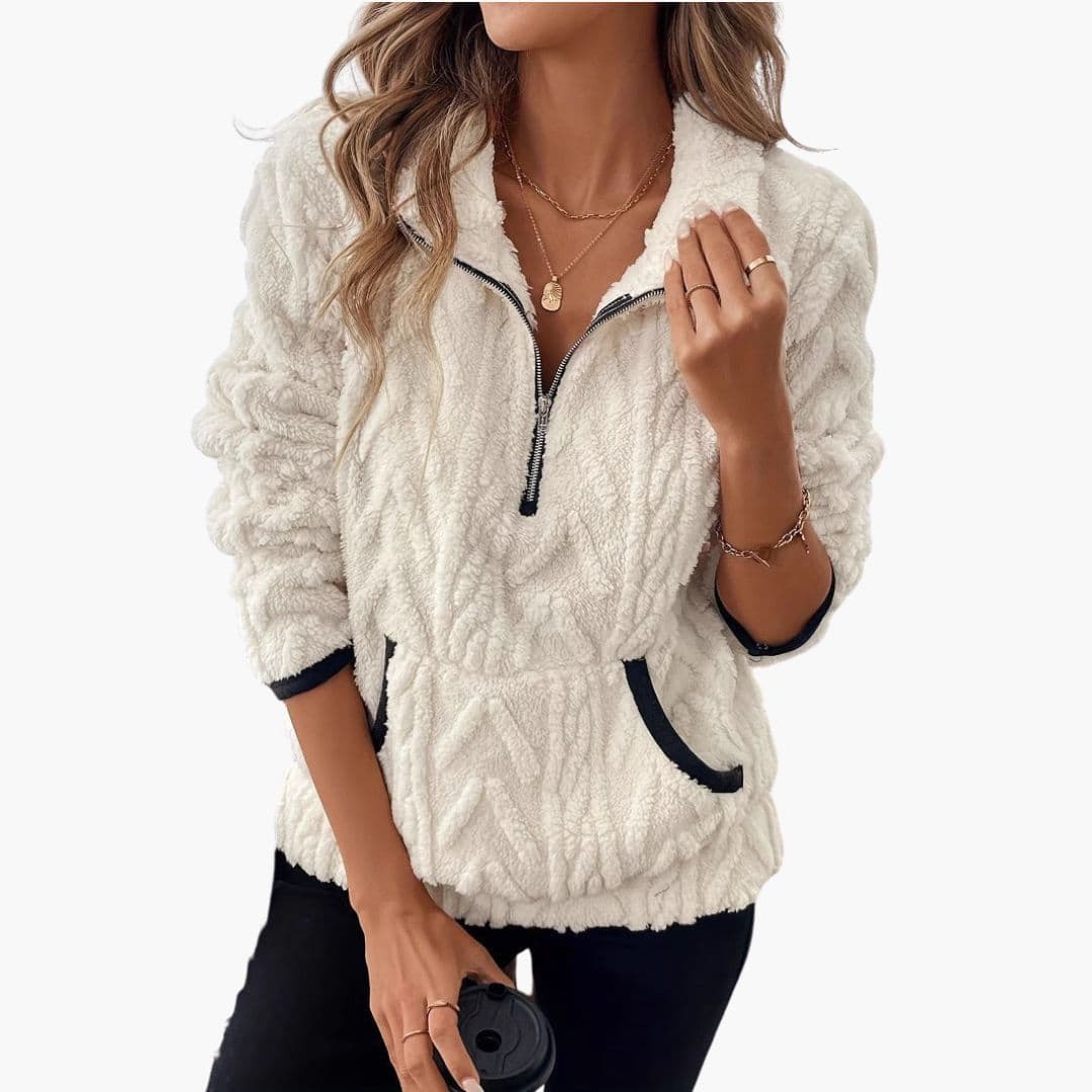 Women's fleece pullover half-zip stand-up collar chevron texture side pockets active casual