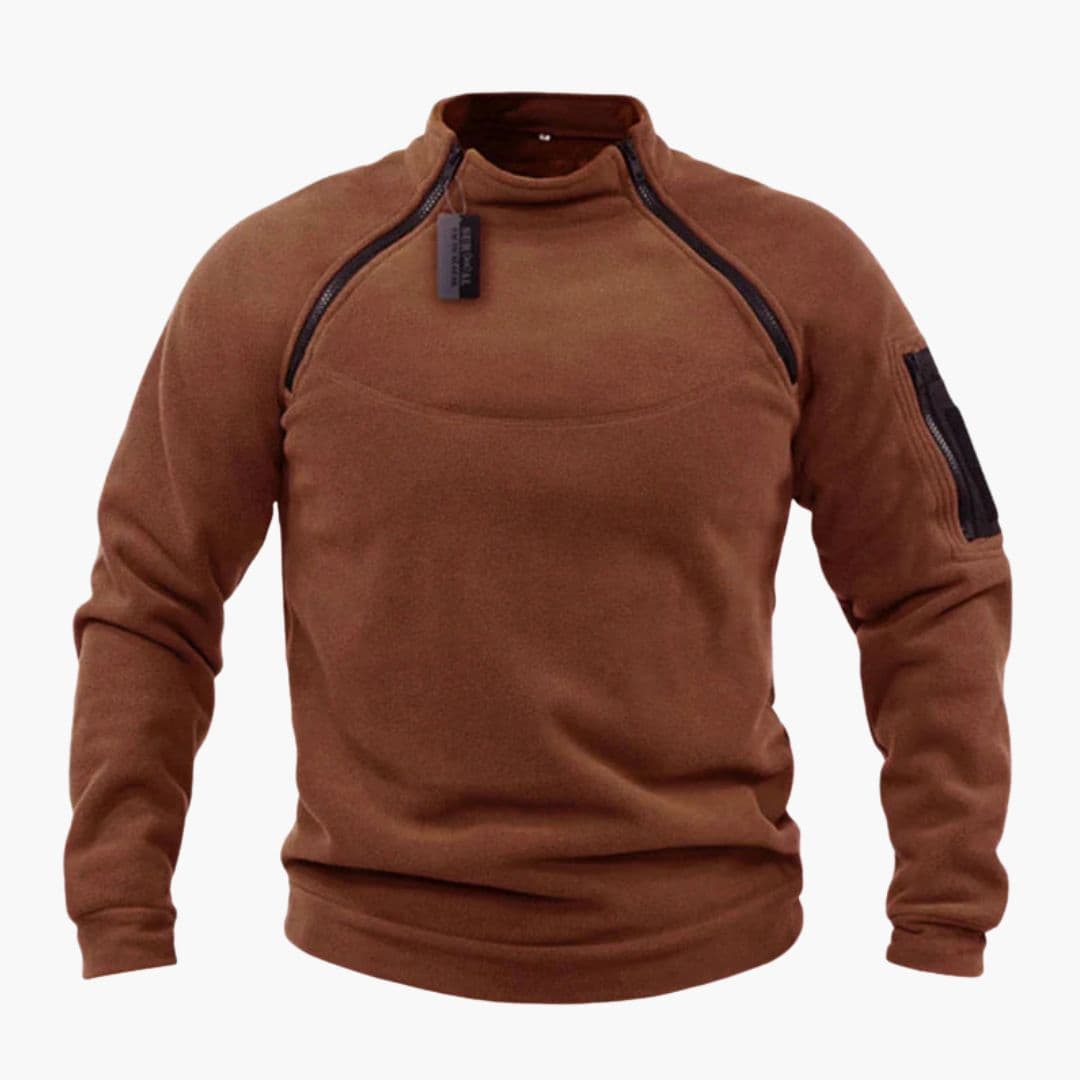 Men's gray zip-up fleece sweater with stand collar, sleeve pocket, and relaxed outdoor fit