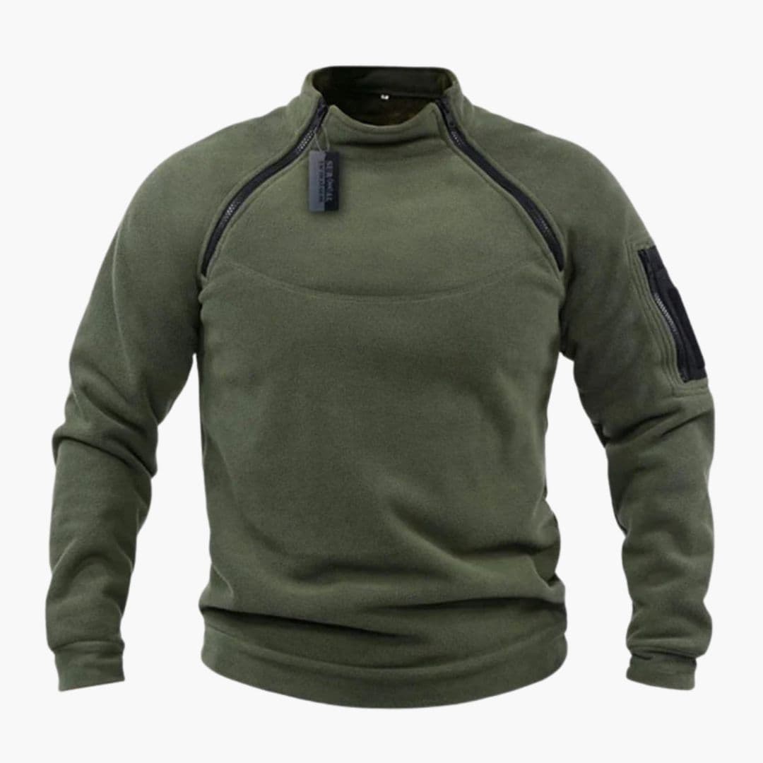 Men's gray zip-up fleece sweater stand collar sleeve pocket cozy outdoor layering piece