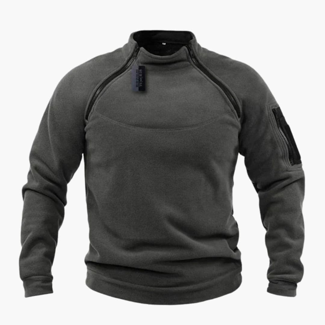 Men's gray zip-up fleece sweater stand collar with sleeve pocket, cozy outdoor layering piece