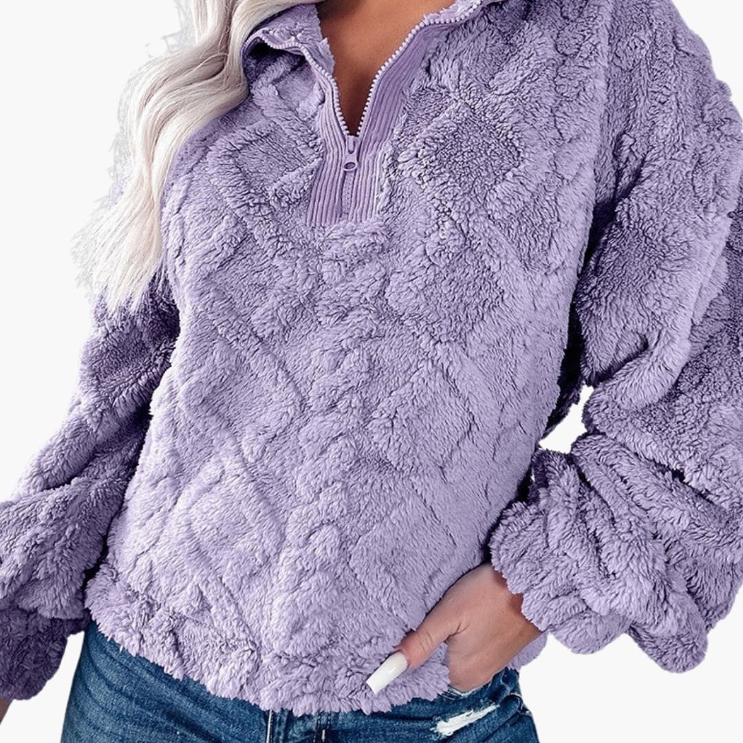 Women's oversized quilted fleece pullover half-zip stand-up collar cozy textured silhouette