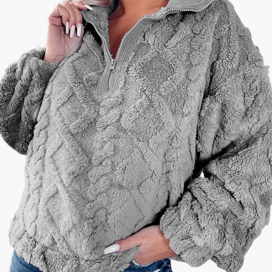 Women's oversized quilted fleece pullover with half-zip stand-up collar in cozy textured fabric