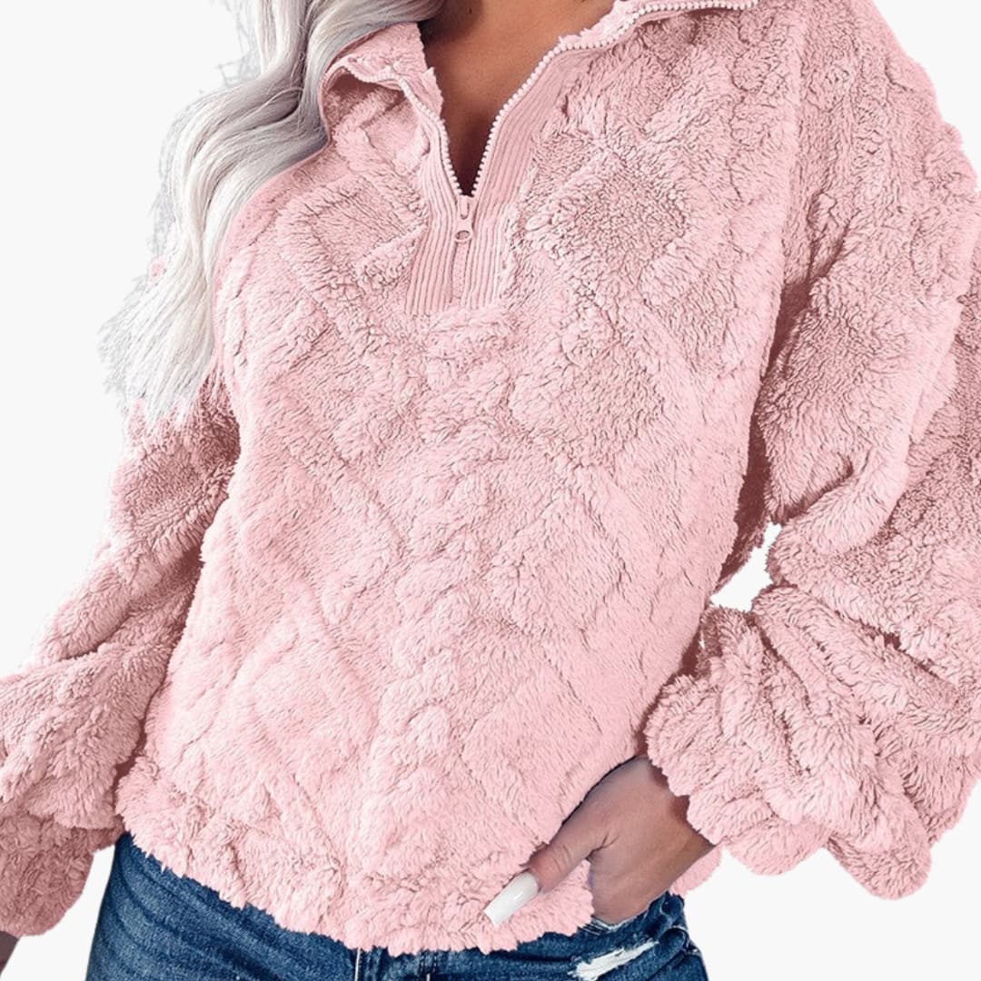 Women's oversized quilted fleece pullover, half-zip stand-up collar, plush faux fur texture