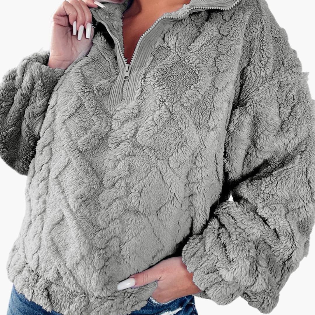 Women's burgundy diamond-textured fleece pullover half-zip cozy casual layering piece