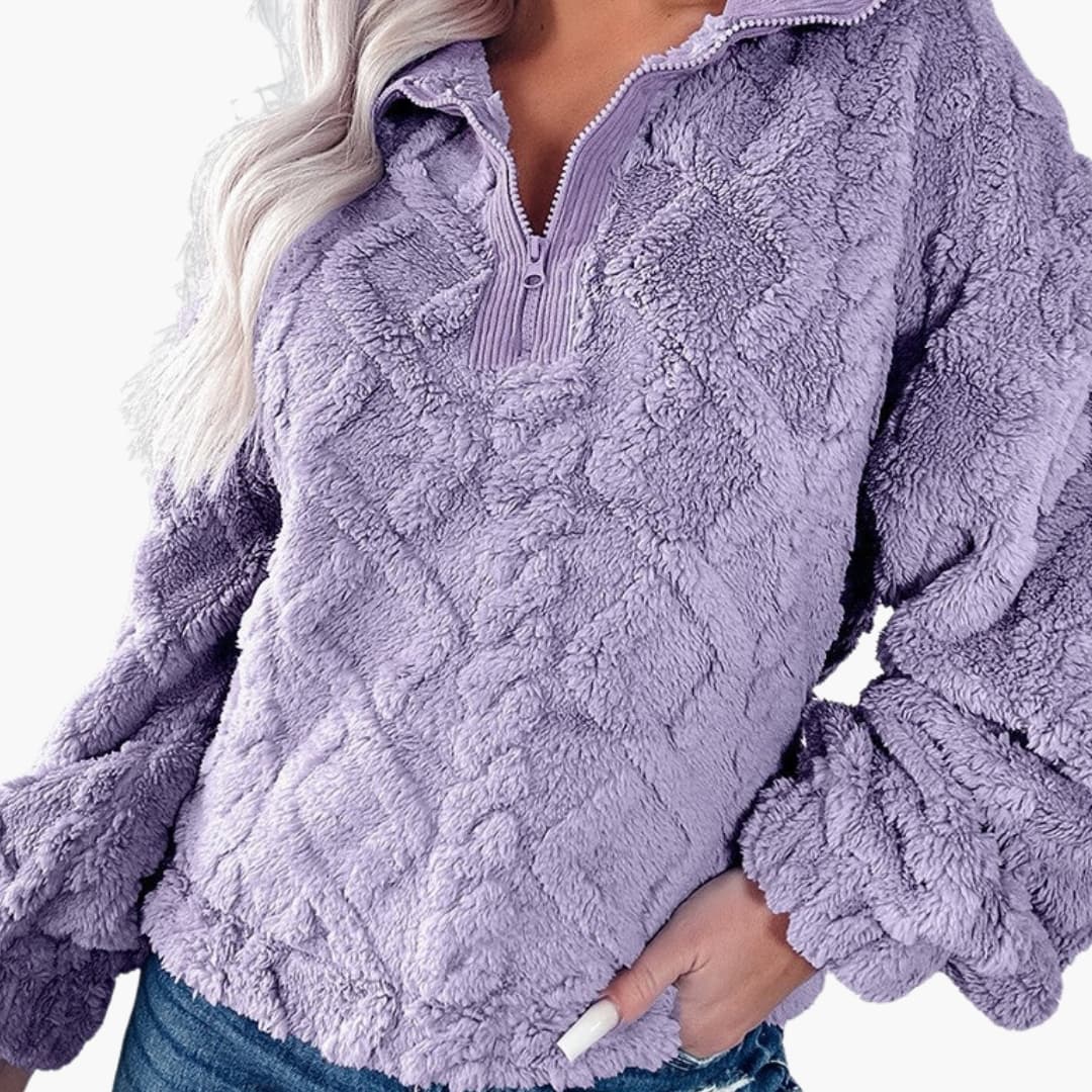 Women's burgundy diamond-textured fleece pullover half-zip cozy casual sweater with modern pattern