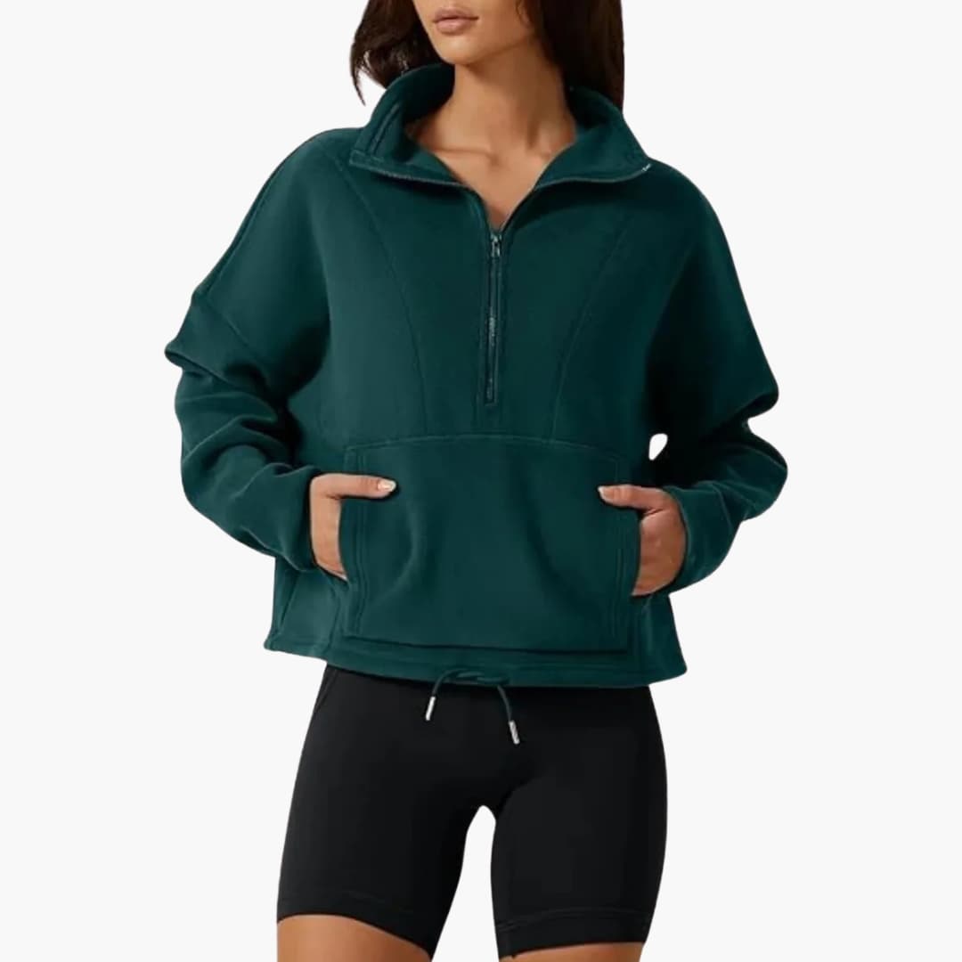 Women's cozy fleece pullover half-zip stand-up collar kangaroo pocket casual outdoor layering top