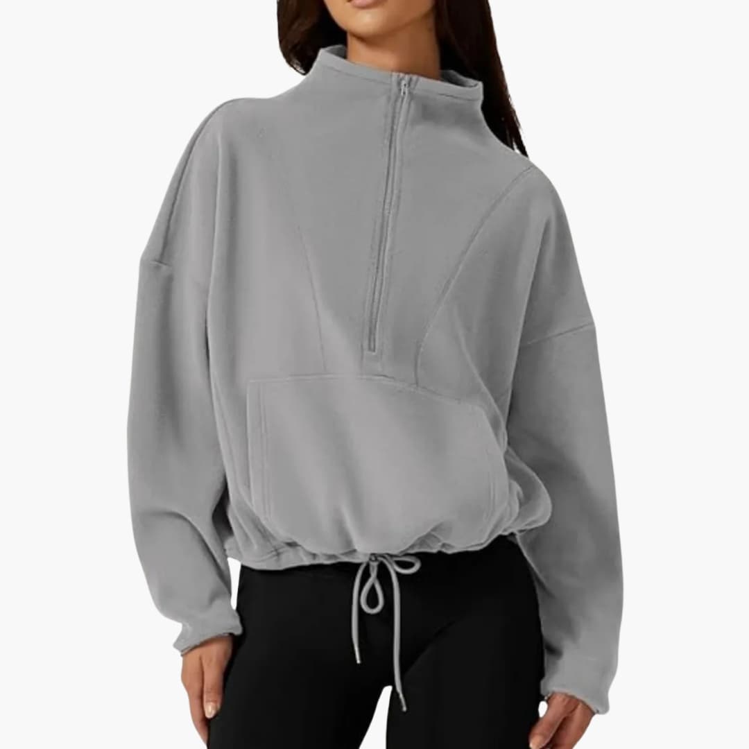 Women's cozy fleece pullover half-zip stand-up collar kangaroo pocket casual outdoor sweater