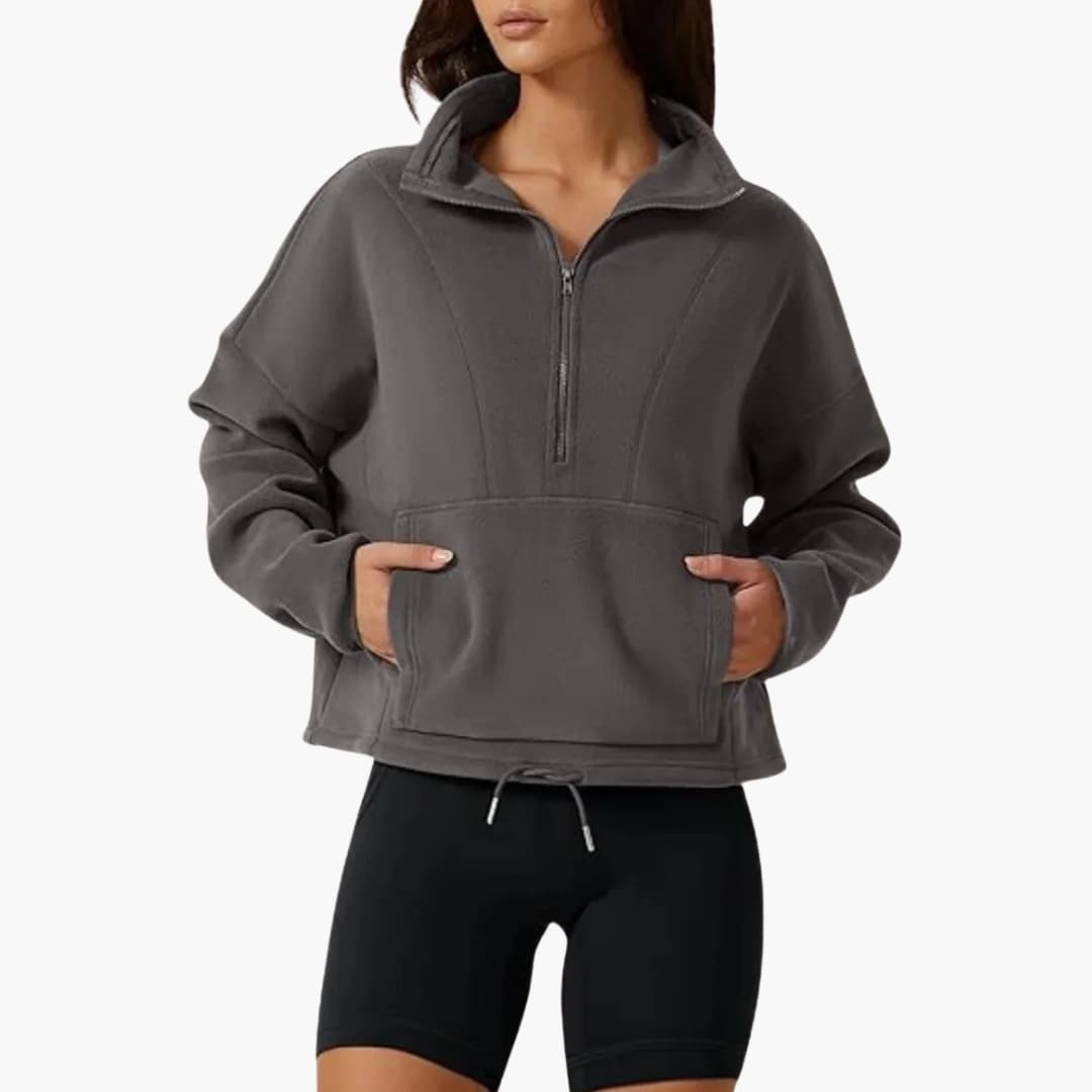 Women's cozy fleece pullover half-zip stand-up collar kangaroo pocket casual outdoor sweater