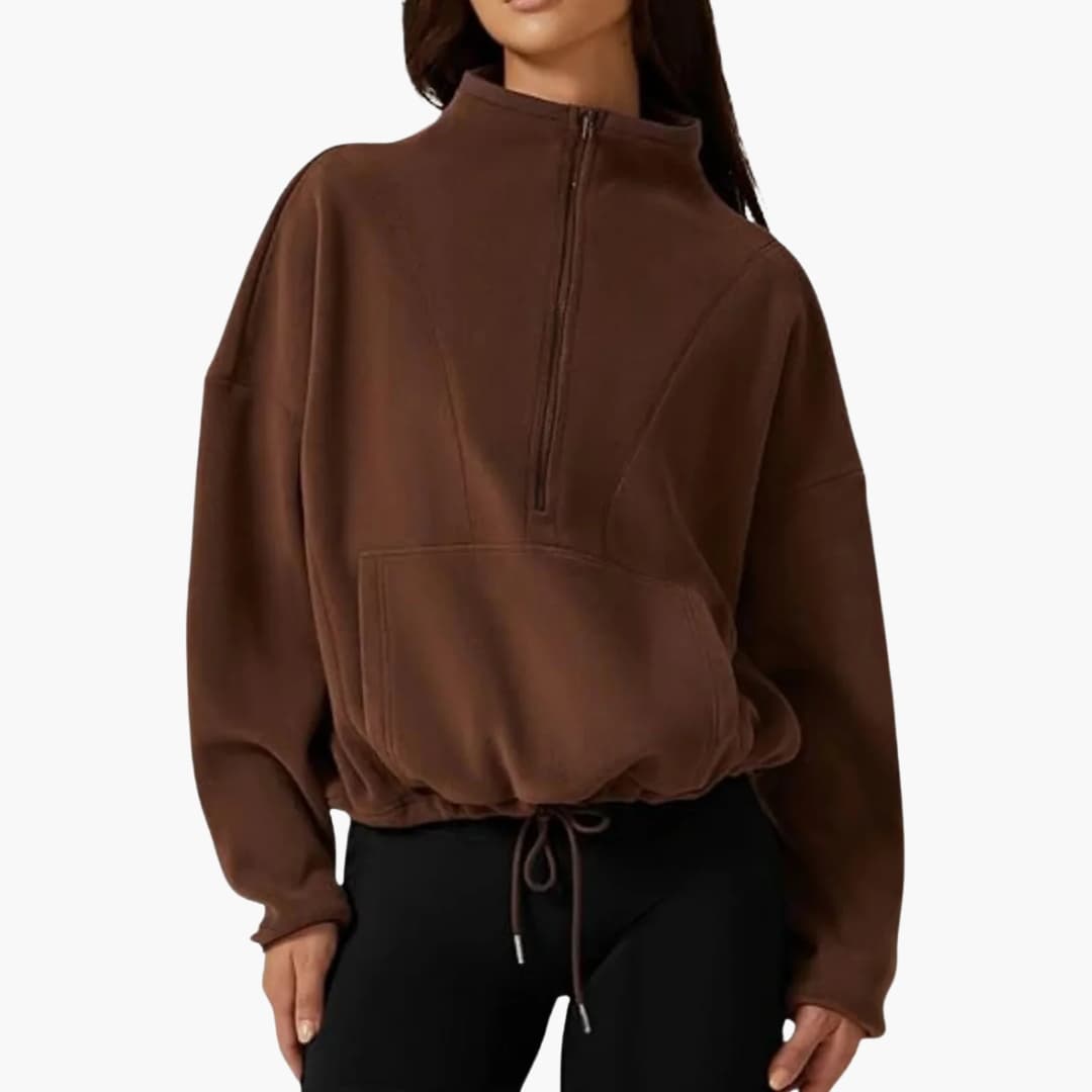 Women's cozy fleece pullover half-zip stand-up collar kangaroo pocket casual outdoor layer
