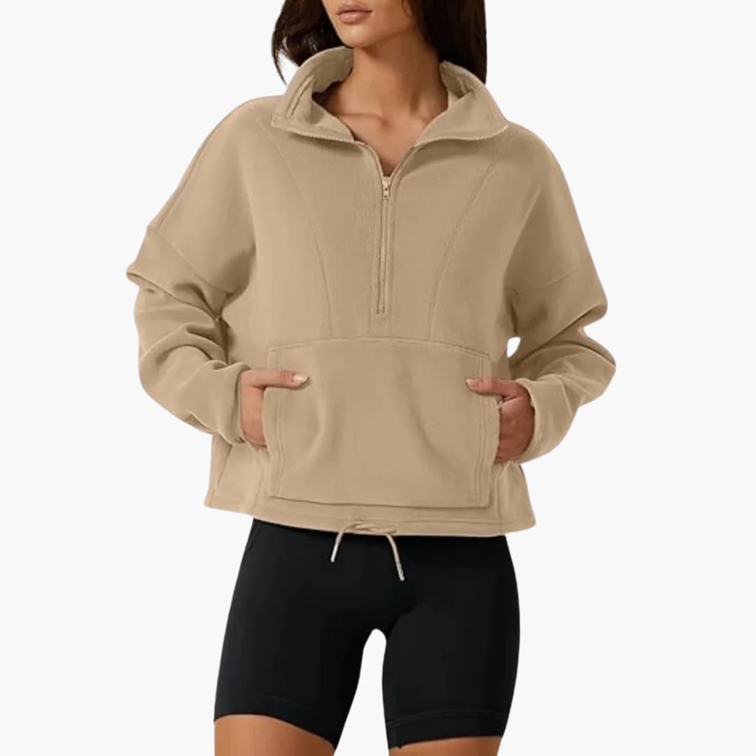 Women's cozy fleece pullover half-zip stand-up collar kangaroo pocket casual outdoor layer
