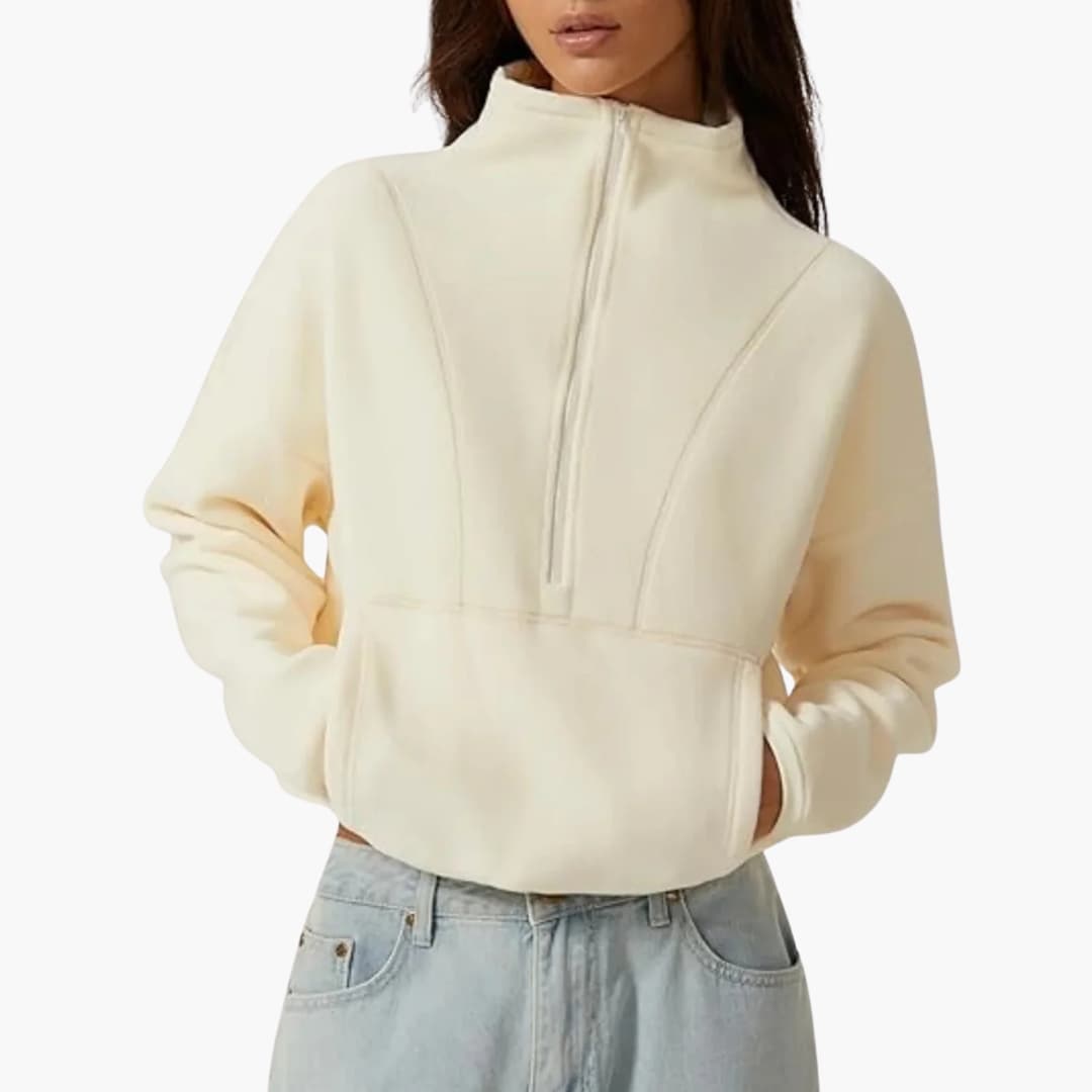 Women's cozy fleece pullover half-zip stand-up collar kangaroo pocket casual outdoor sweater