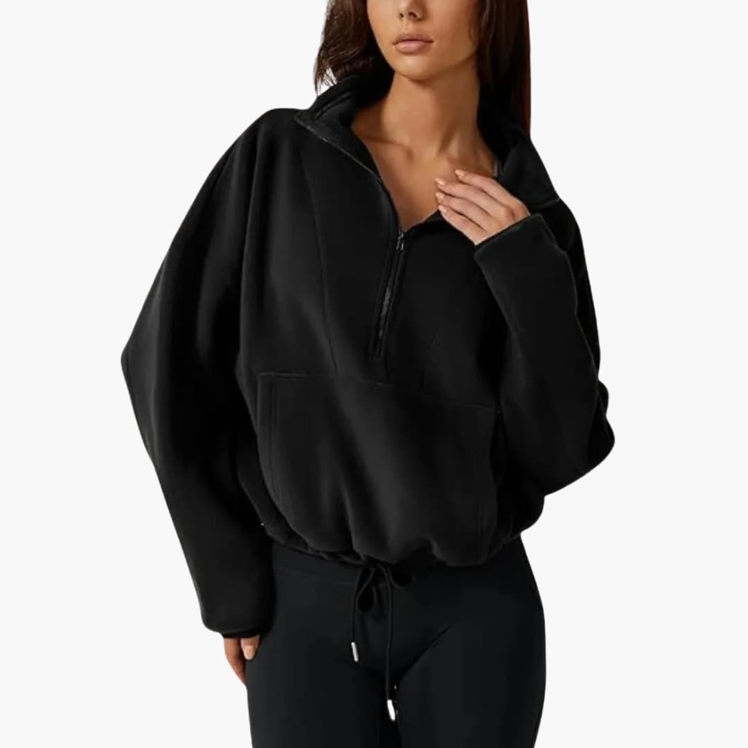 Women's cozy fleece pullover half-zip stand-up collar kangaroo pocket casual outdoor layering