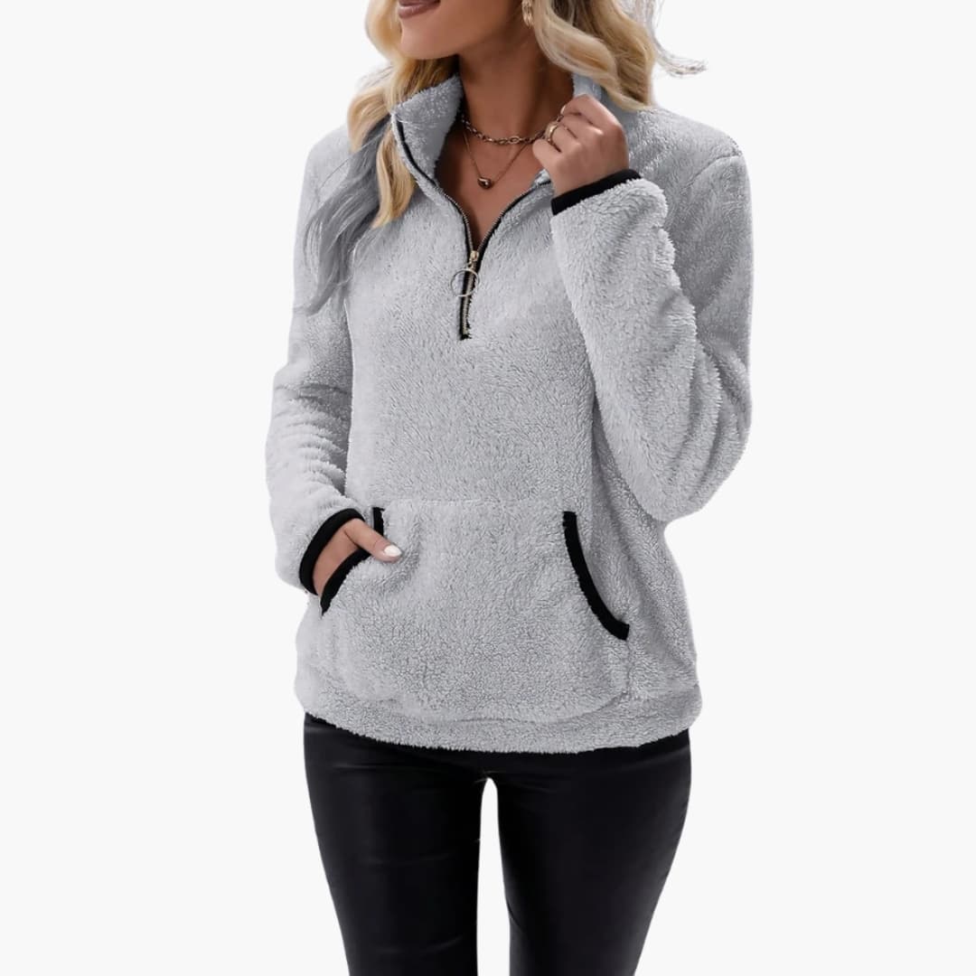 Women's half-zip fleece pullover with kangaroo pocket, stand-up collar, cozy outdoor casual style