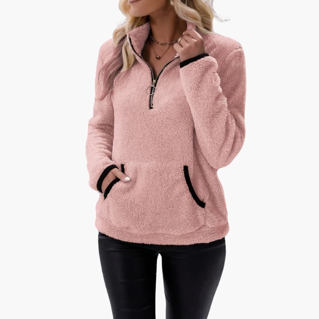 Women's half-zip fleece pullover with kangaroo pocket, stand-up collar, casual cozy outdoor style