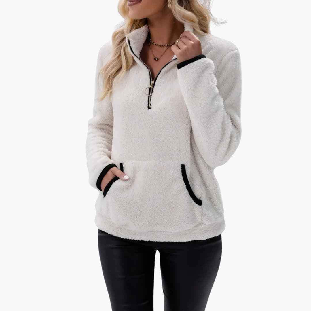 Women's half-zip fleece pullover with kangaroo pocket, stand-up collar, cozy casual outdoor style
