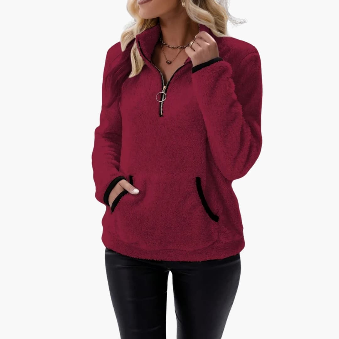 Women's half-zip fleece pullover with kangaroo pocket, stand-up collar, casual cozy outdoor style
