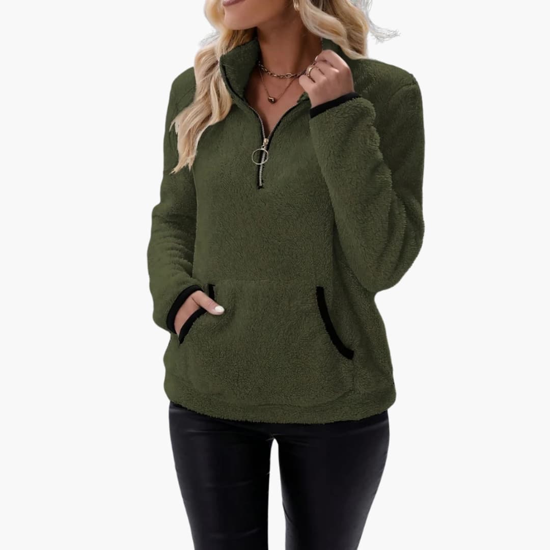 Women's half-zip fleece pullover with kangaroo pocket, stand-up collar, cozy casual outdoor style