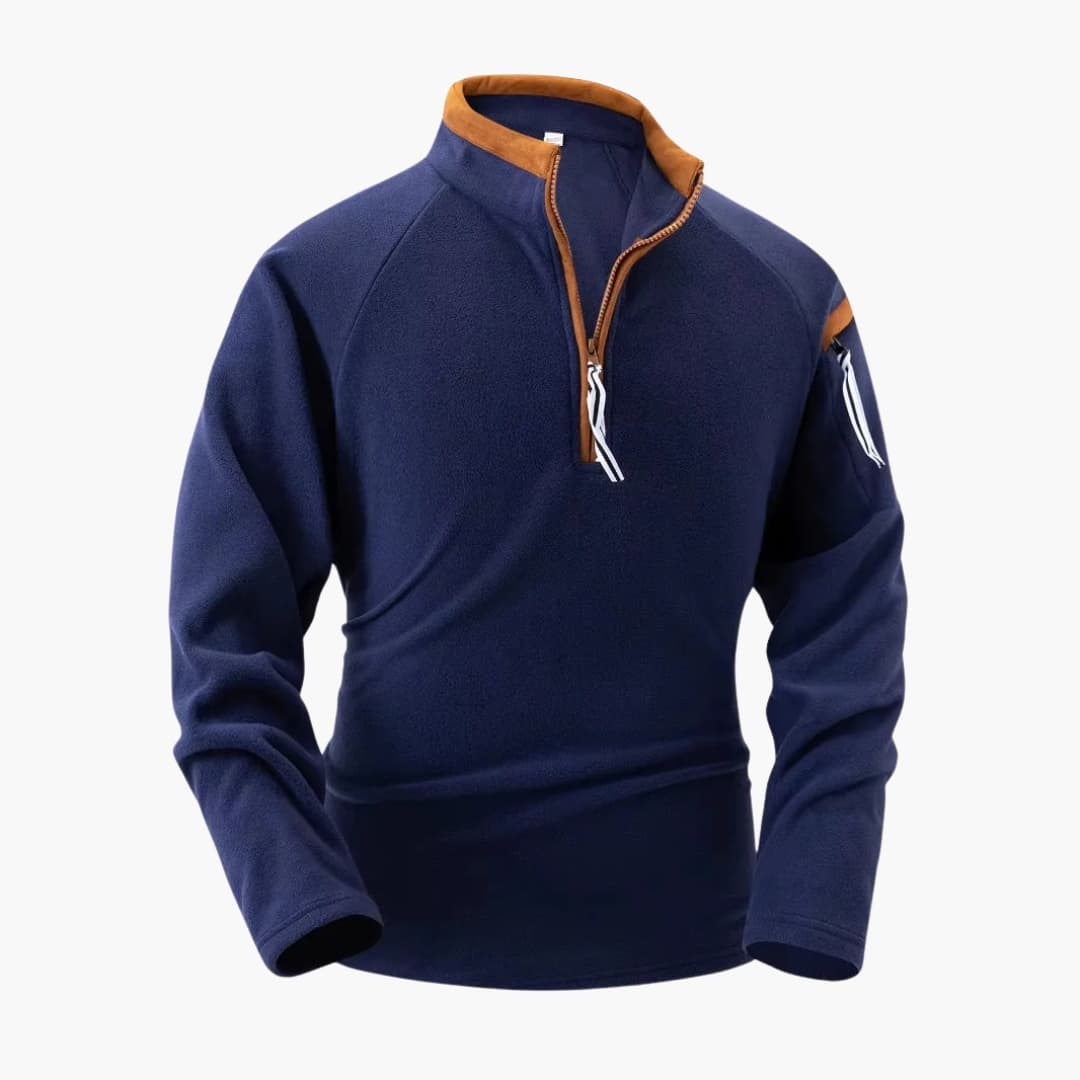 Men's gray fleece pullover half-zip stand-up collar with sleeve pocket for everyday warmth