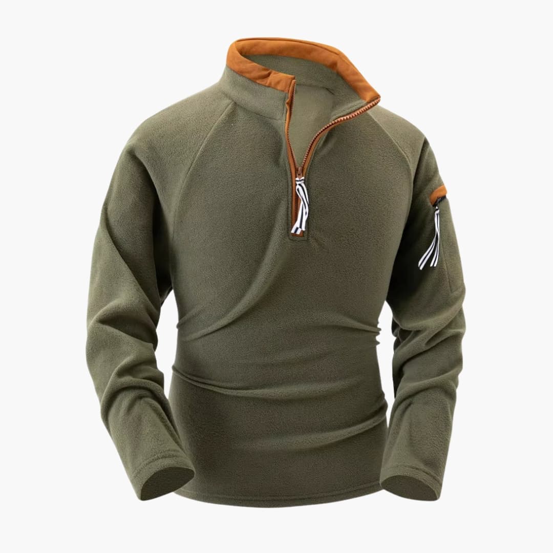 Men's gray fleece pullover half-zip stand-up collar with sleeve pocket for everyday warmth