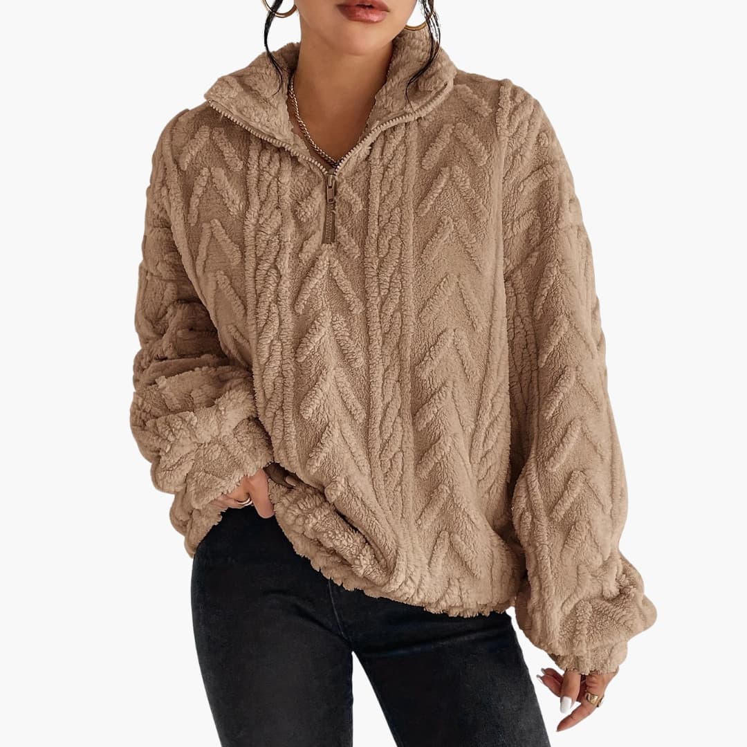 Women's textured fleece half-zip pullover, oatmeal oversized fit with stand-up collar warm layering