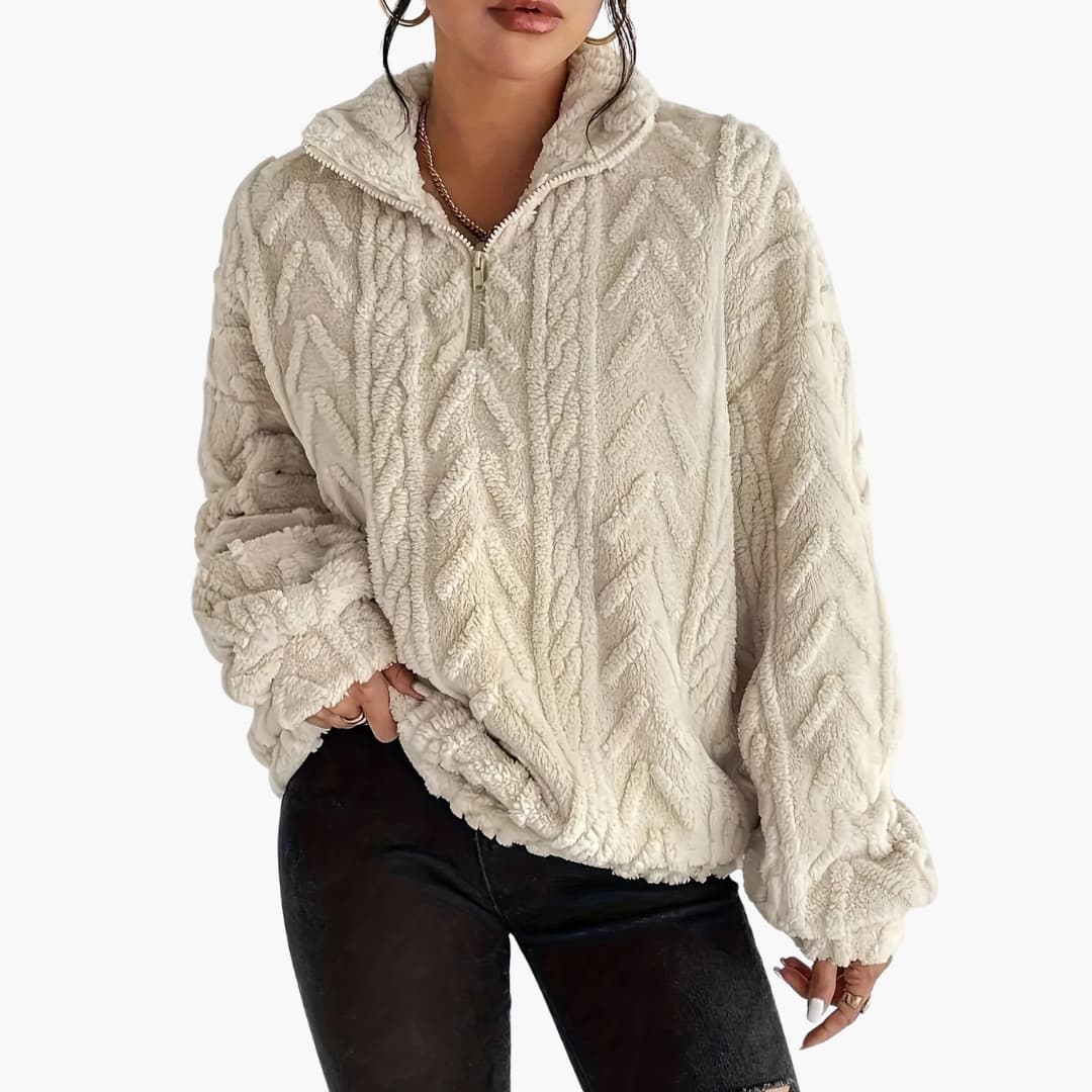 Women's textured fleece half-zip pullover, stand-up collar, oversized cozy fit, warm everyday layering
