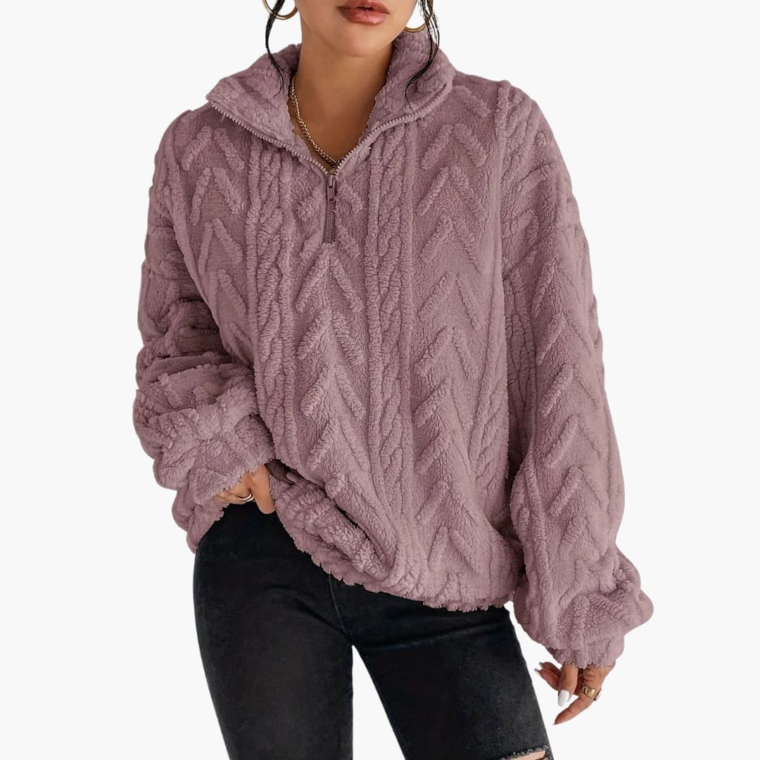 Women's textured fleece half-zip pullover, stand-up collar, oversized cozy fit, warm everyday layering
