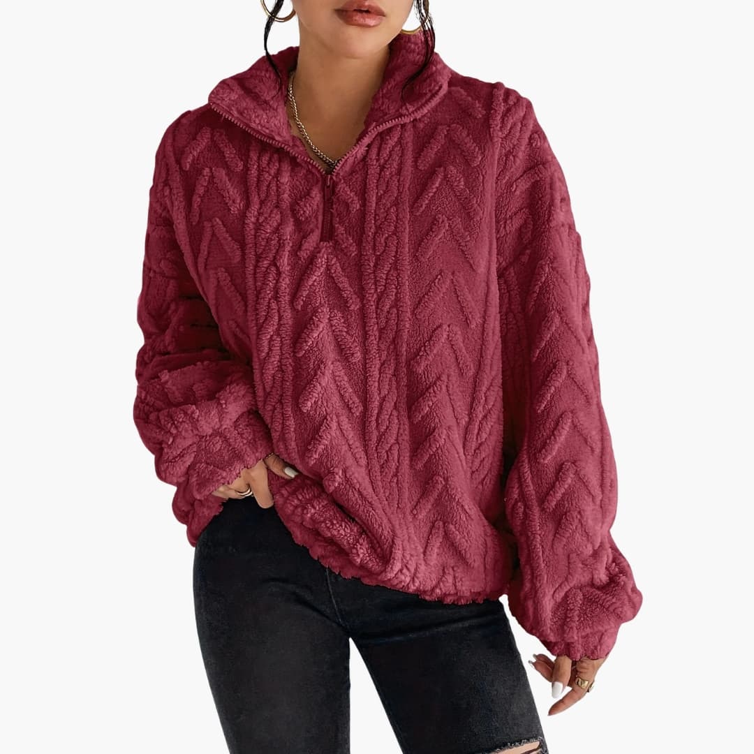 Women's textured fleece half-zip pullover, oatmeal oversized fit with stand-up collar for cozy warmth
