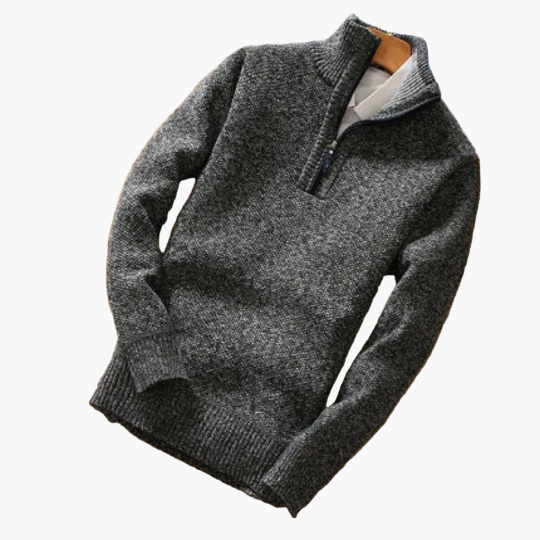 Men's gray speckled half-zip sweater with stand-up collar, ribbed cuffs, and textured cozy knit