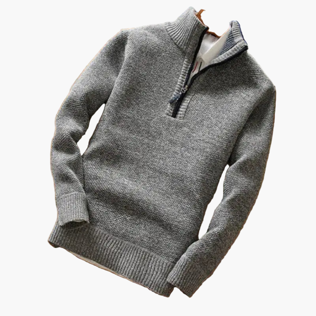 Men's speckled textured half-zip sweater stand-up collar ribbed cuffs cozy knit pullover