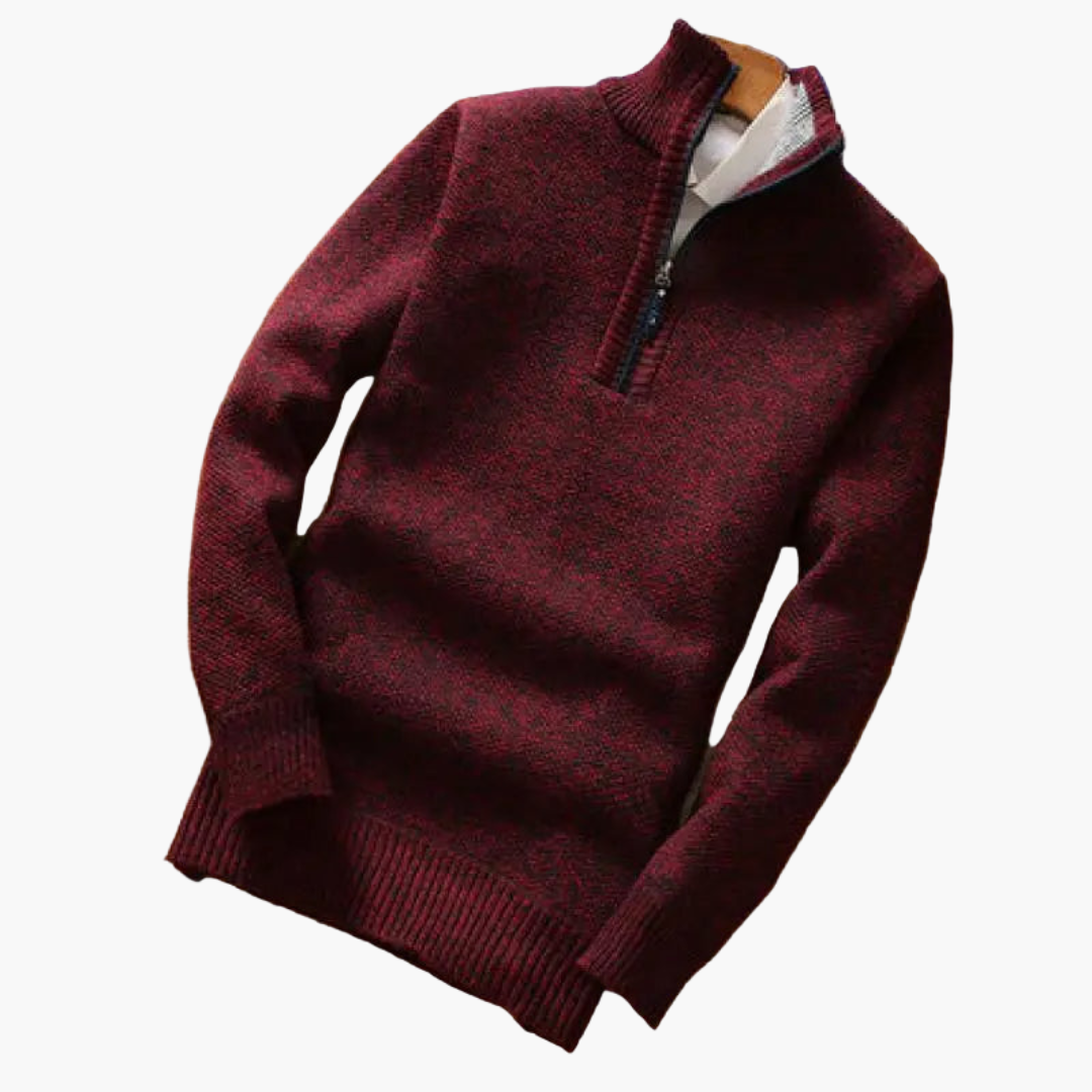 Men's gray speckled half-zip sweater stand-up collar ribbed cuffs textured cozy knit pullover