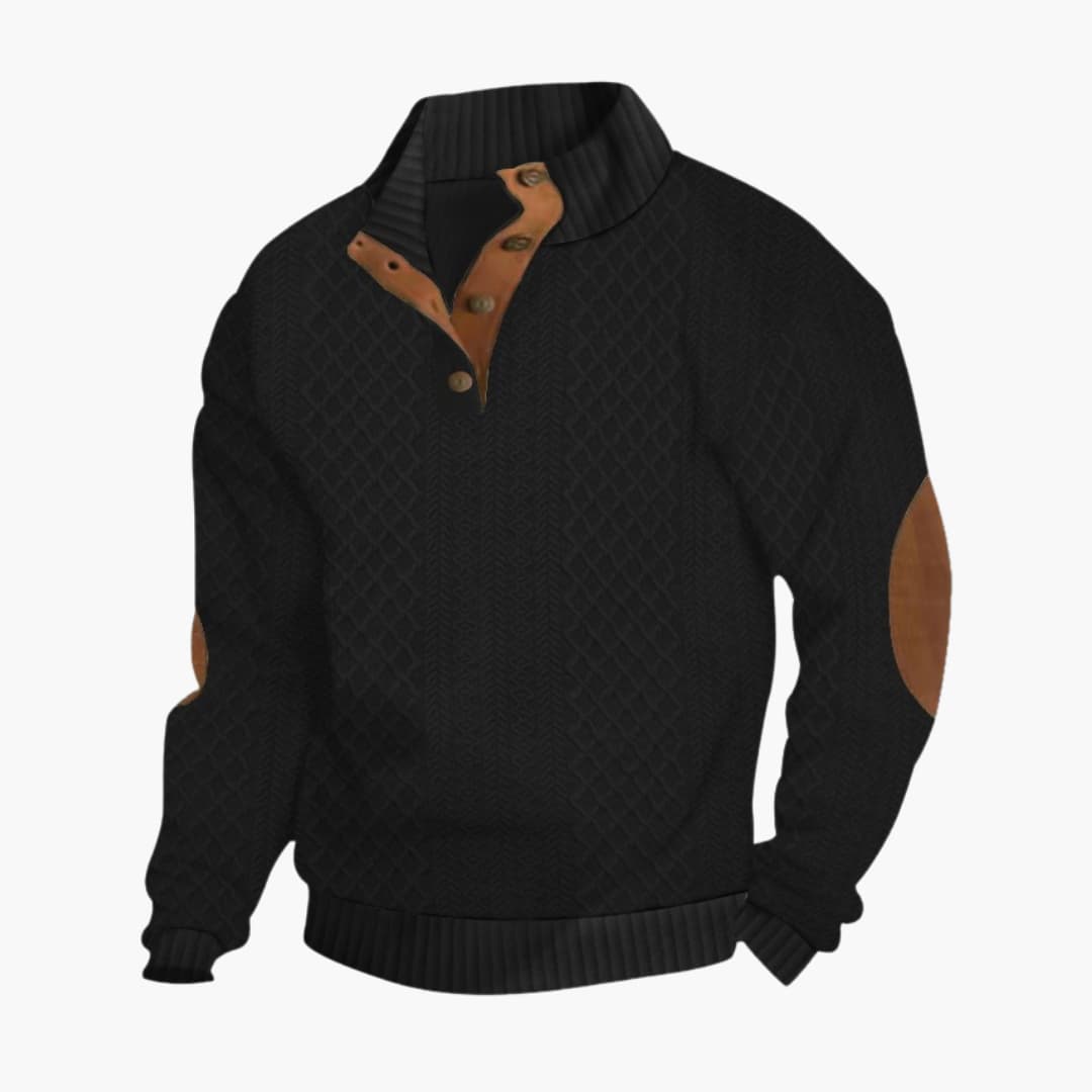 Men's brown knit sweater with ribbed button collar, elbow patches, textured casual everyday style