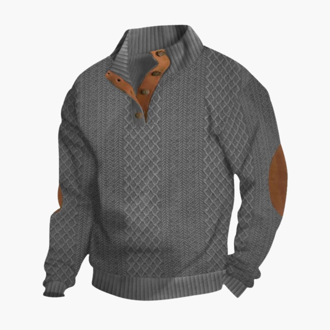Men's textured knit sweater with ribbed button collar and elbow patches for smart-casual wear