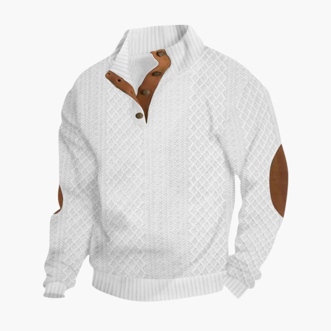 Men's textured knit sweater with ribbed button collar and elbow patches for smart-casual wear