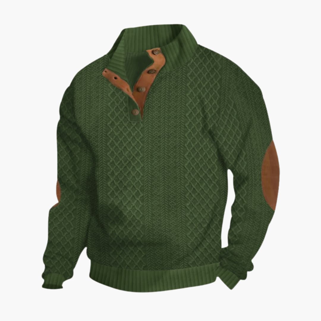 Men's brown knit sweater with ribbed button collar, elbow patches, and textured casual fit