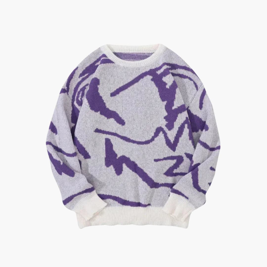 Men's abstract print sweater with round neckline, ribbed cuffs and hem, modern casual fit long sleeves