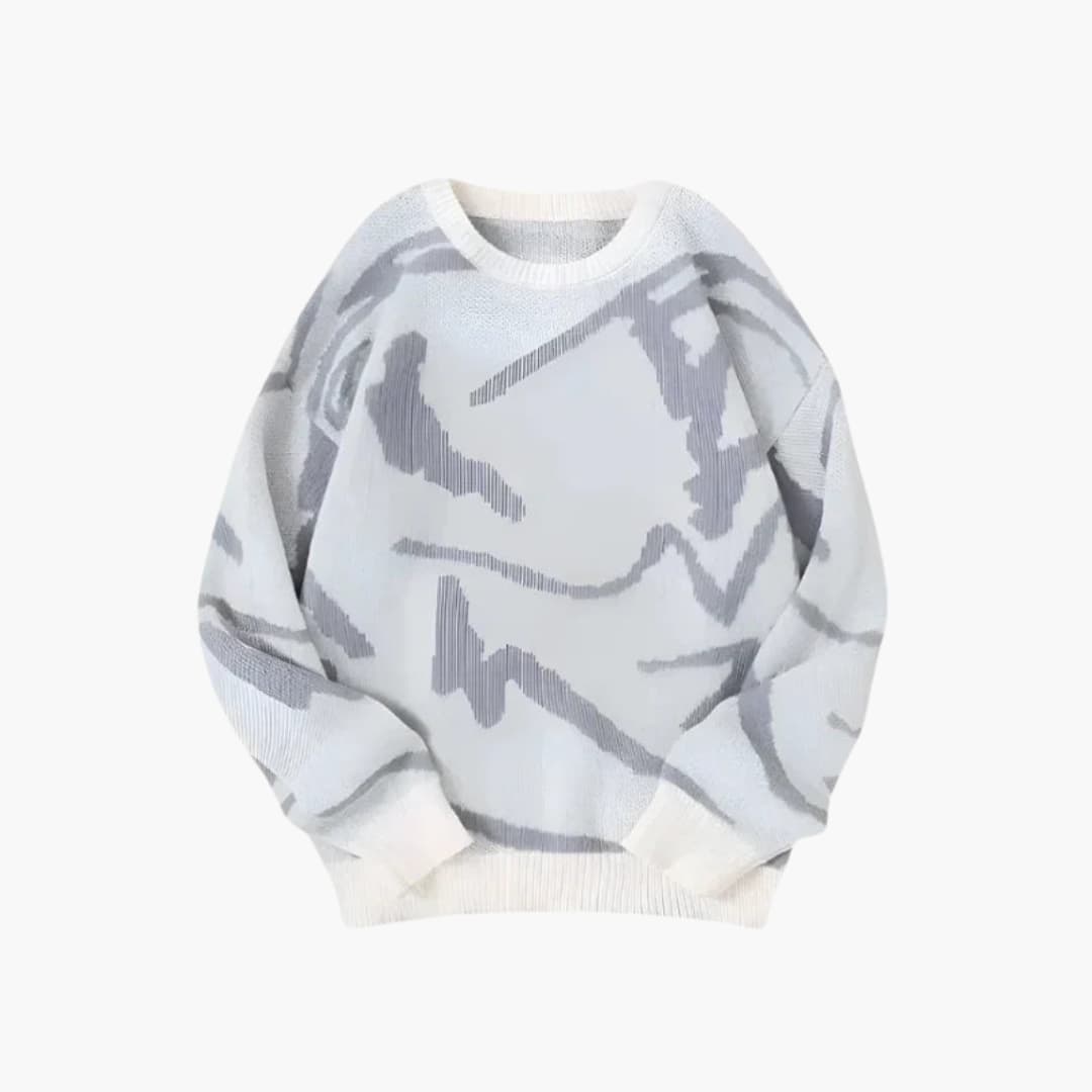 Men's abstract print sweater with ribbed cuffs and hem, round neck, long sleeves, modern casual fit