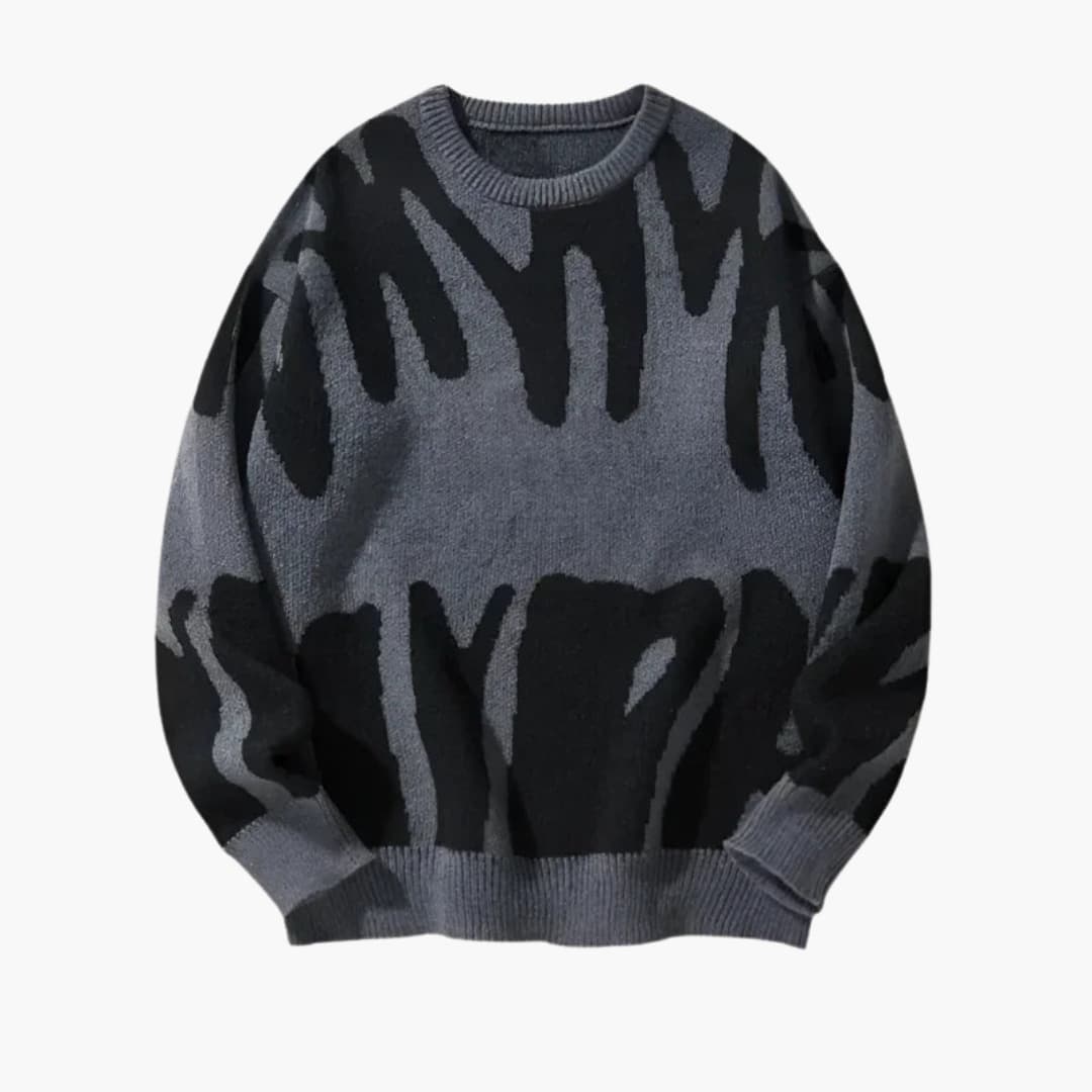 Men's abstract print sweater with ribbed cuffs and hem, modern chic layering knitwear