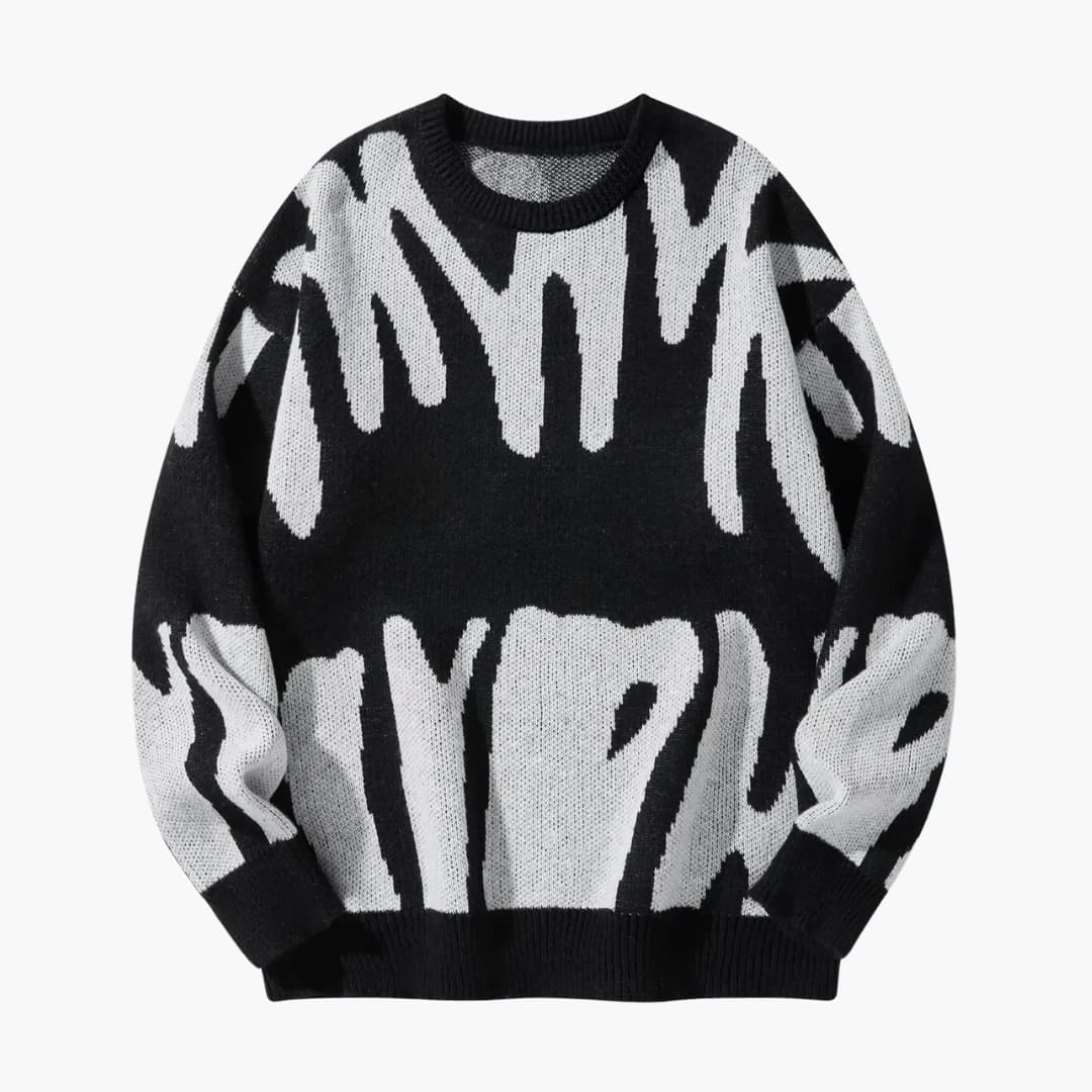 Men's abstract print sweater with ribbed cuffs and hem, modern chic layering knitwear