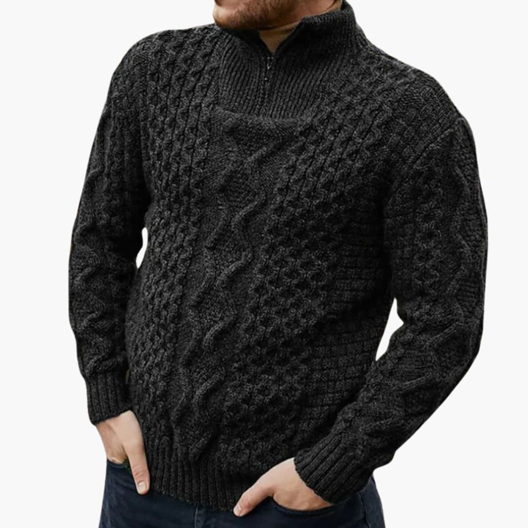 Men's twisted knit half-zip pullover with ribbed stand-up collar, cuffs, and hem in cozy modern style