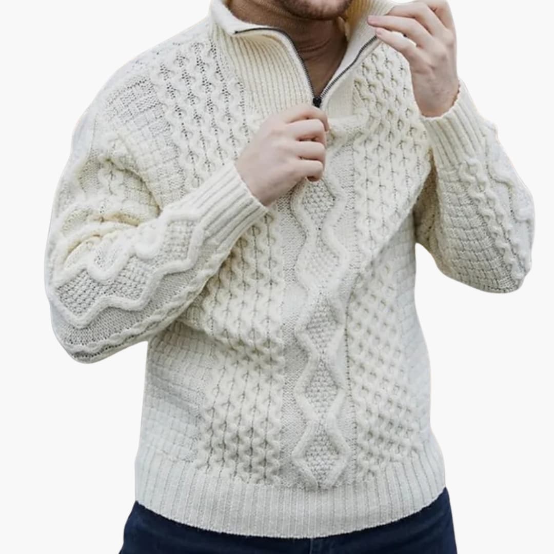 Men's twisted knit half-zip pullover with ribbed stand-up collar, cuffs, and hem in cozy versatile style