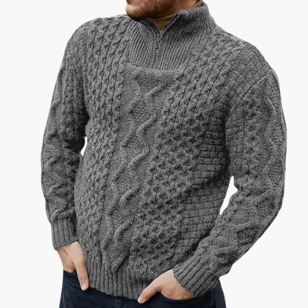 Men's twisted knit half-zip pullover with ribbed stand-up collar, textured pattern, and ribbed cuffs