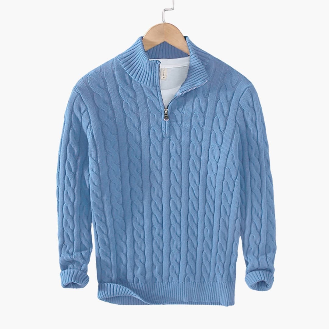 Men's cream cable knit half-zip pullover with stand-up collar and ribbed hem for layered style