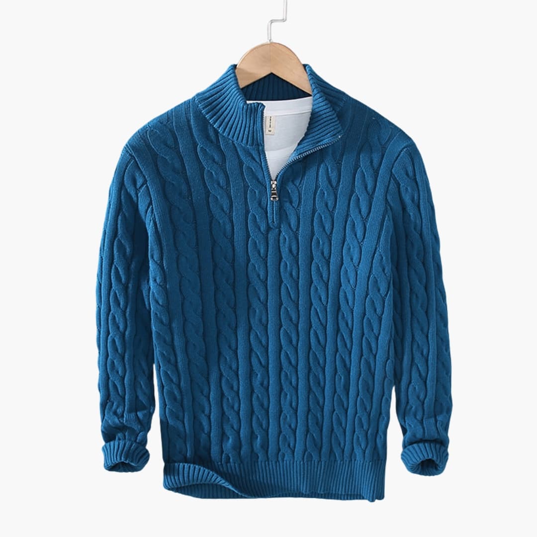 Men's oatmeal cable knit half-zip pullover with stand-up collar and ribbed hem for cozy layering