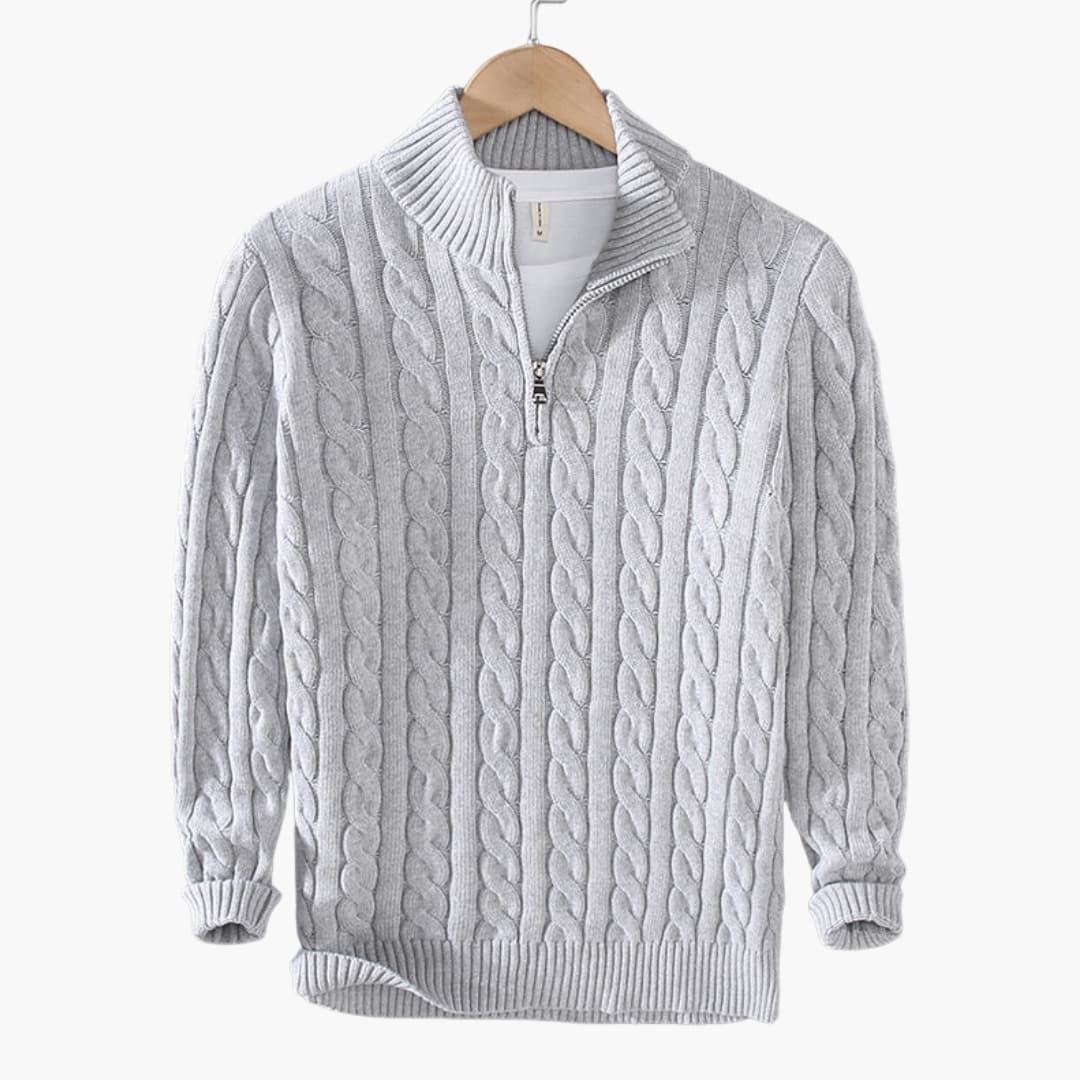 Men's cream cable knit half-zip pullover with stand-up collar and ribbed hem for cozy layering