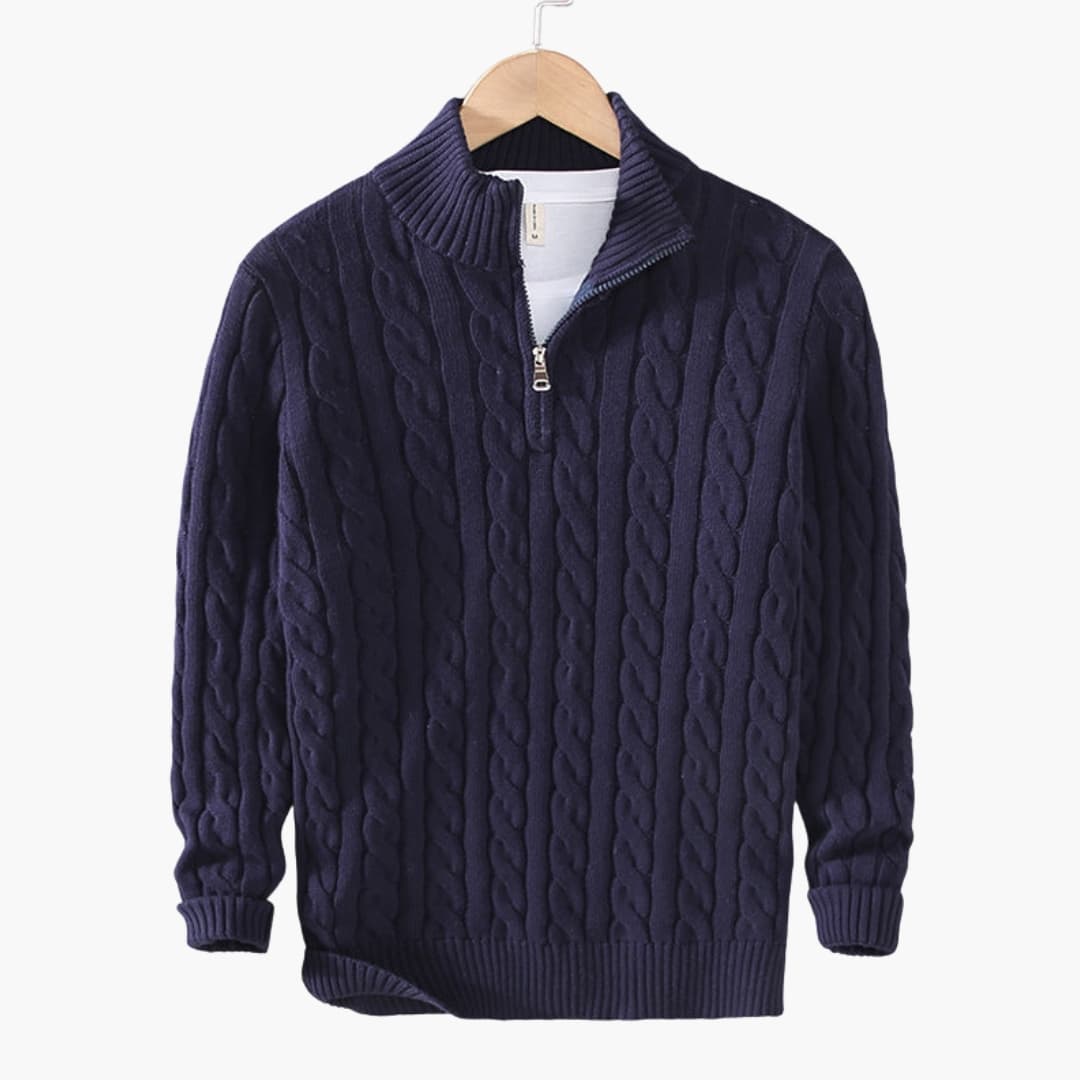 Men's oatmeal cable knit half-zip pullover with ribbed hem, stand-up collar, and cozy twisted texture