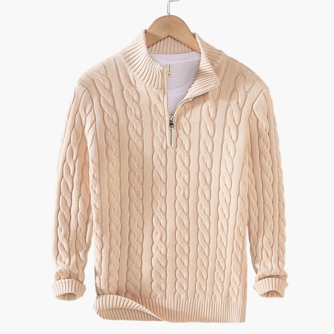 Men's cream cable knit half-zip pullover with ribbed hem, stand-up collar, and cozy twisted pattern