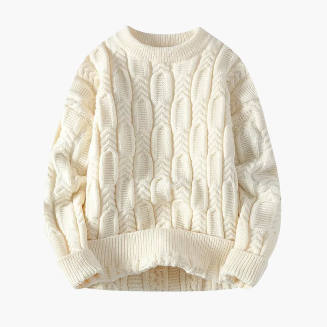 Men's twisted knit sweater round neck ribbed hem textured smart-casual pullover in neutral tone