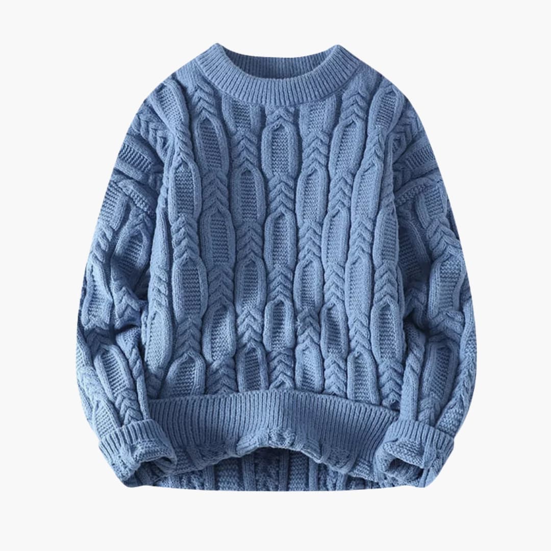 Men's gray twisted knit sweater with round neck, ribbed hem, and textured cable-knit structure