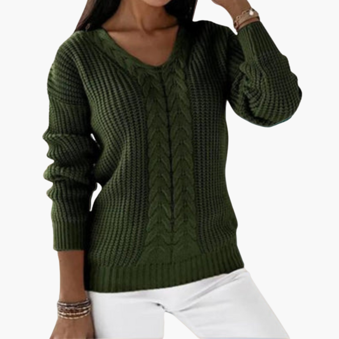 Women's tailored fit V-neck knitted pullover sweater in versatile neutral tone with textured knit detail